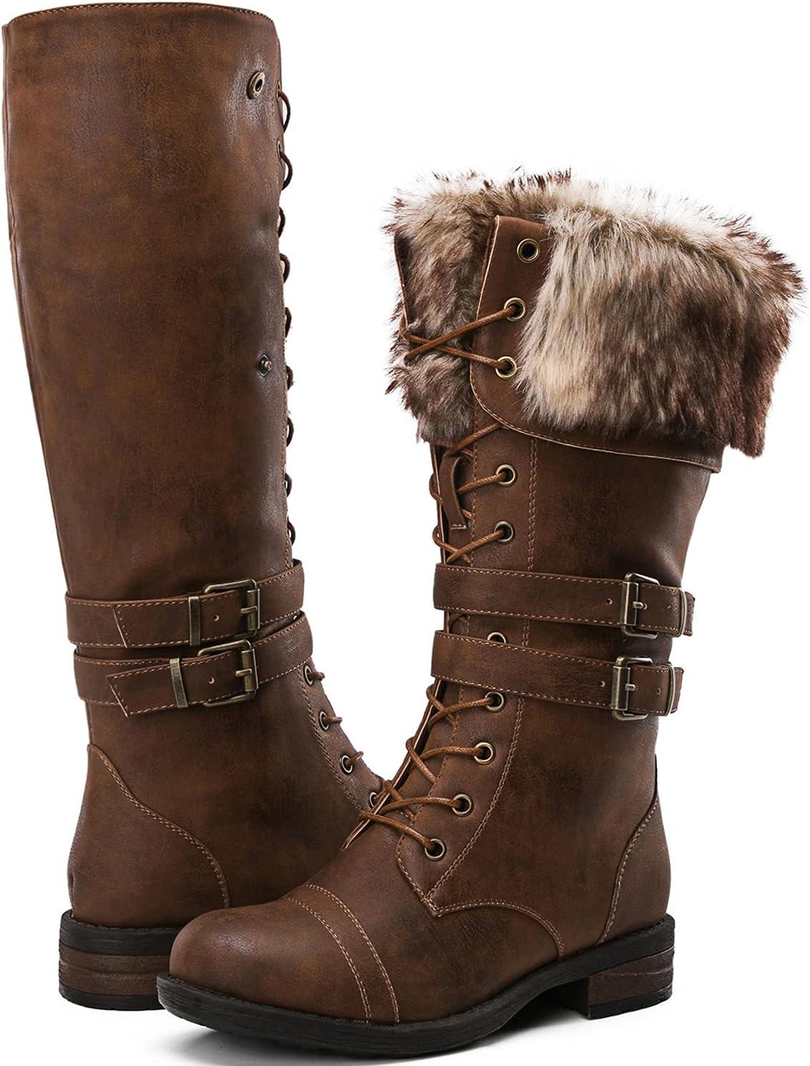 imageGLOBALWIN Womens Mid Calf To Knee High Boots Dressy Lace Up Combat Boots for Women Low Heel17yy02brown