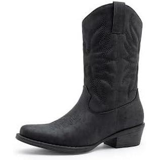 imageGLOBALWIN Womens Mid Calf The Western Cowgirl Boots Fashion Cowboy Boots For Women Chunky Low HeelBlack