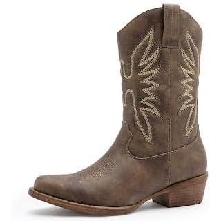 imageGLOBALWIN Womens Mid Calf The Western Cowgirl Boots Fashion Cowboy Boots For Women Chunky Low HeelBrown