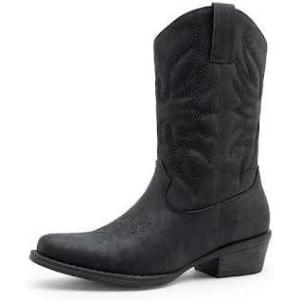 imageGLOBALWIN Womens Mid Calf The Western Cowgirl Boots Fashion Cowboy Boots For Women Chunky Low HeelBlack