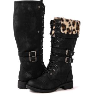 imageGLOBALWIN Womens Mid Calf To Knee High Boots Dressy Lace Up Combat Boots for Women Low Heel17yy02 BlackLeopard