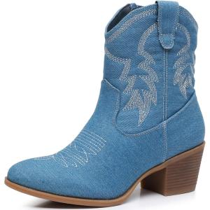 imageGLOBALWIN Womens Mid Calf The Western Cowboy Boots Fashion Cowgirl Boots For Women Low Heel22yy10 Denim Blue