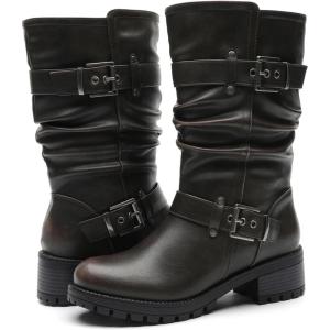 imageGLOBALWIN Womens Mid Calf Dress Boots Biker Motorcycle Riding Boots Women For Women21yy08 Brown Distressed Metallic