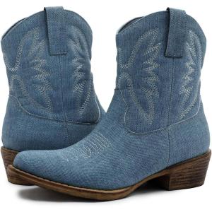 imageGLOBALWIN Womens Mid Calf The Western Cowboy Boots Fashion Cowgirl Boots For Women Low HeelDenim Blue