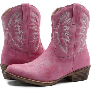 imageGLOBALWIN Womens Mid Calf The Western Cowboy Boots Fashion Cowgirl Boots For Women Low HeelPink