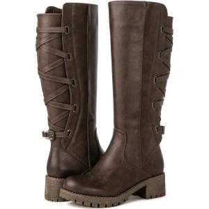 imageGLOBALWIN Womens Strappy Motorcycle Knee High Boots Riding Boots Back Lace Up Fall Winter Fashion Knee High Boots For Women22yy07 Brown