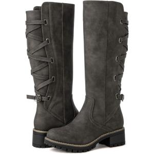 imageGLOBALWIN Womens Strappy Motorcycle Knee High Boots Riding Boots Back Lace Up Fall Winter Fashion Knee High Boots For Women22yy07 Grey