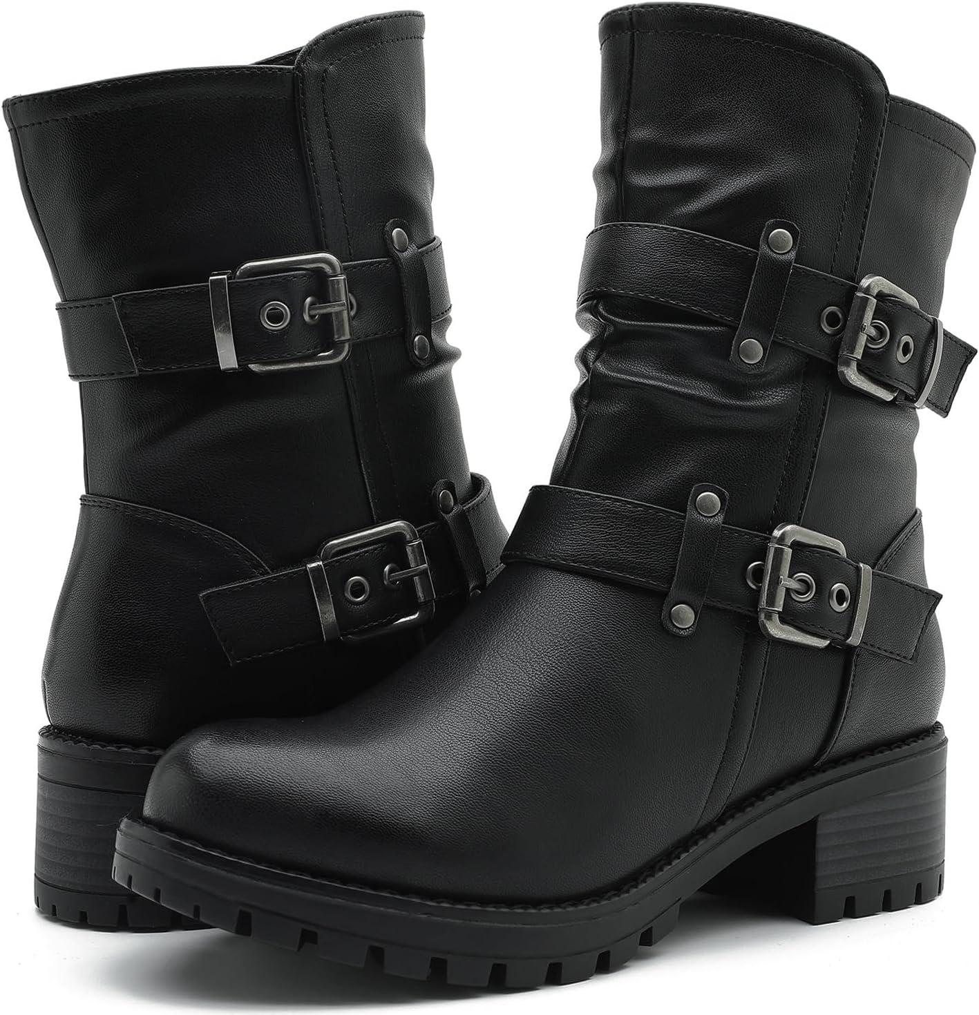 imageGLOBALWIN Womens Biker Boots Black GWW21YY13 Ankle Boots Bootie Zip Closure Block Heel AllDay Comfort Versatile Ethically Made21yy13black