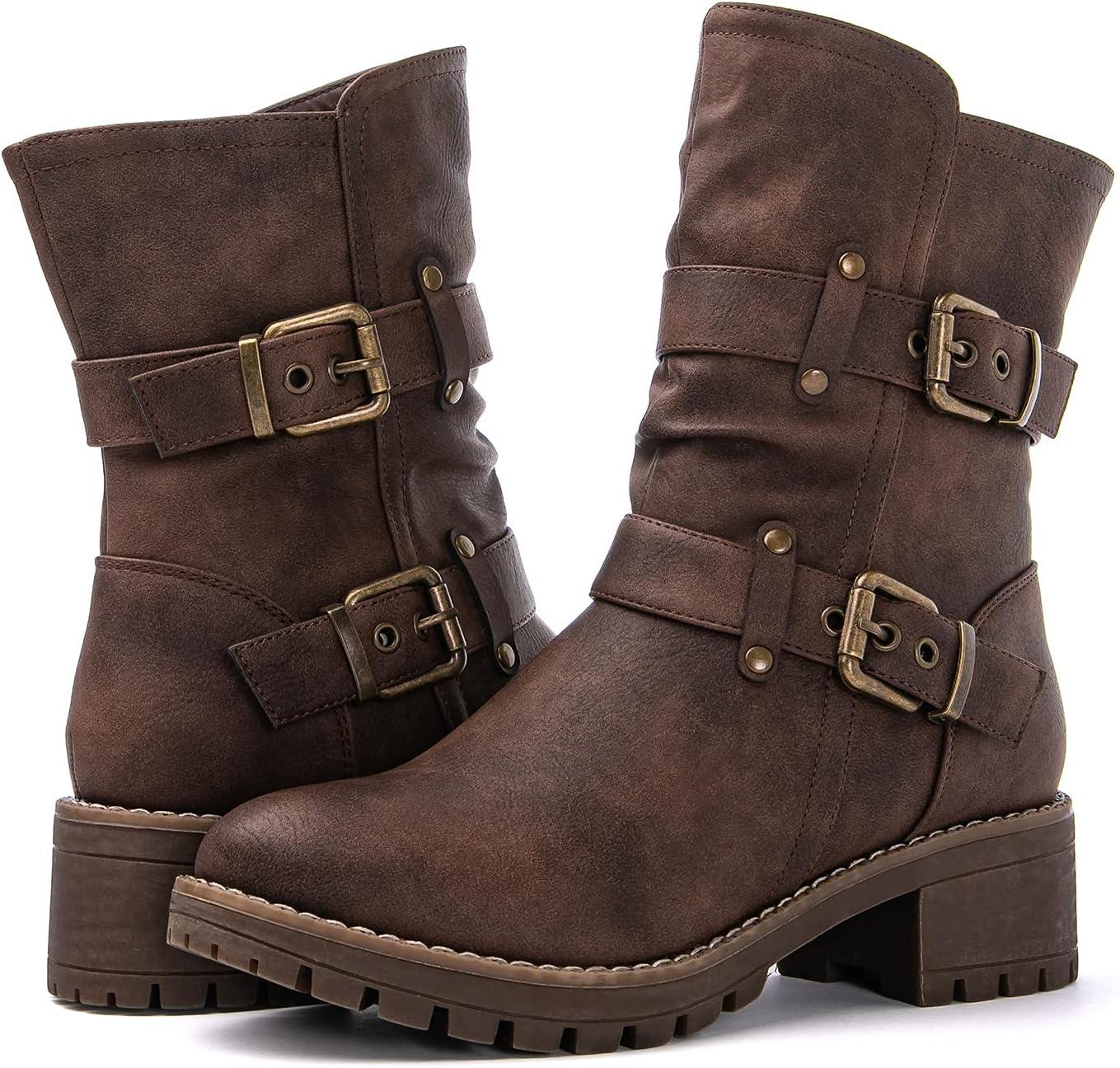 imageGLOBALWIN Womens Biker Boots Black GWW21YY13 Ankle Boots Bootie Zip Closure Block Heel AllDay Comfort Versatile Ethically Made21yy13brown