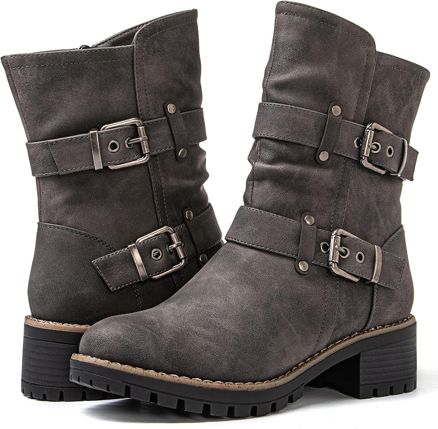 imageGLOBALWIN Womens Biker Boots Black GWW21YY13 Ankle Boots Bootie Zip Closure Block Heel AllDay Comfort Versatile Ethically Made21yy13grey