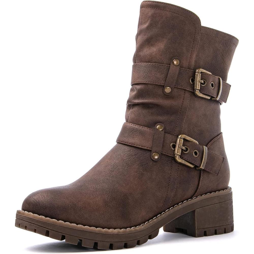 imageGLOBALWIN Womens Biker Boots Black GWW21YY13 Ankle Boots Bootie Zip Closure Block Heel AllDay Comfort Versatile Ethically Made21yy13brown