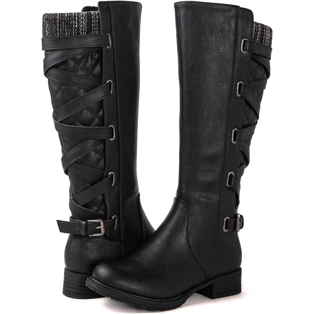 imageGLOBALWIN Womens Quilted Knee High Fashion Boots Strappy Boots For Women21yy10 Black4