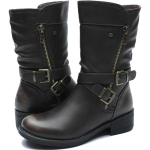 imageGLOBALWIN Womens Fall Fashion Biker Boots Mid Calf Boots For Women Low Heel18yy05 Distressed Brown