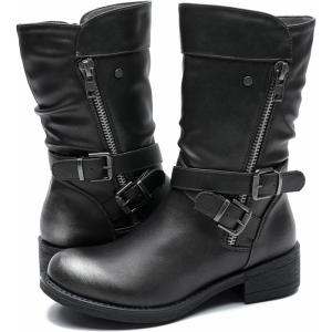 imageGLOBALWIN Womens Fall Fashion Biker Boots Mid Calf Boots For Women Low Heel18yy05 Distressed Silver