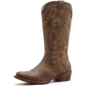 imageGLOBALWIN Womens Square Toe Cowgirl Boots Classic MidCalf Cowboy Boots With Embroidered Stitching Low Heel Comfortable Western Boots For Country Outfits25yy03 Camel