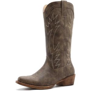 imageGLOBALWIN Womens Square Toe Cowgirl Boots Classic MidCalf Cowboy Boots With Embroidered Stitching Low Heel Comfortable Western Boots For Country Outfits25yy03 Brown