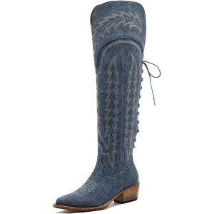imageGLOBALWIN Womens Cowboy Western Fashion Over The Knee Thigh High Cowgirl Boots Low Heel23yy08 Denim Blue