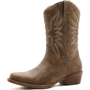 imageGLOBALWIN Womens Mid Calf The Western Cowgirl Boots Fashion Cowboy Boots For Women Chunky Low HeelCamel