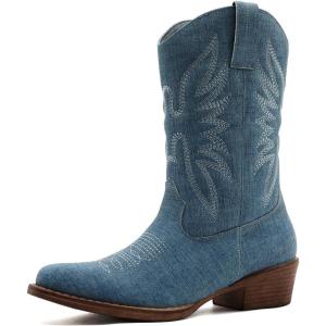 imageGLOBALWIN Womens Mid Calf The Western Cowgirl Boots Fashion Cowboy Boots For Women Chunky Low HeelDenim Blue