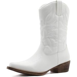 imageGLOBALWIN Womens Mid Calf The Western Cowgirl Boots Fashion Cowboy Boots For Women Chunky Low HeelWhite