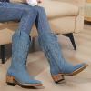 image:imageGLOBALWIN Womens Mid Calf Western Cowboy Boots Cowgirl Boots for Women with Floral Embroidery Side Zipper Chunky Heel23yy13 Denim Blue
