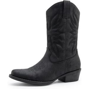 image:imageGLOBALWIN Black Cowboy Boots For Women Cowgirl Boots With Low Heel Comfortable Embroidered Western Boots Snip Toe MidCalf BootsBlack