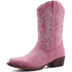 image:imageGLOBALWIN Black Cowboy Boots For Women Cowgirl Boots With Low Heel Comfortable Embroidered Western Boots Snip Toe MidCalf BootsPink