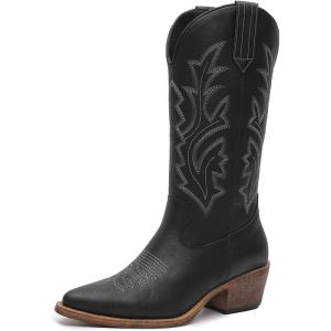 image:imageGLOBALWIN Womens Mid Calf Western Cowboy Boots Cowgirl Boots for Women with Floral Embroidery Side Zipper Chunky Heel23yy13 Black3