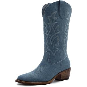 image:imageGLOBALWIN Womens Mid Calf Western Cowboy Boots Cowgirl Boots for Women with Floral Embroidery Side Zipper Chunky Heel23yy13 Denim Blue