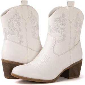 image:imageGLOBALWIN Cowboy Boots for Women  Classic Round Toe Western Booties with Comfort Insole  Embroidered Almond Toe Cowgirl Boots Versatile 2 Block Heel Fashion Boots for Concerts amp Daily Wear19yy16 White