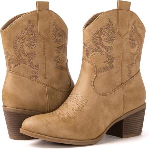 image:imageGLOBALWIN Cowboy Boots for Women  Classic Round Toe Western Booties with Comfort Insole  Embroidered Almond Toe Cowgirl Boots Versatile 2 Block Heel Fashion Boots for Concerts amp Daily Wear19yy16 Khaki