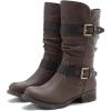 image:imageGLOBALWIN Womens Mid Calf Boots Fashion Moto Boots For Women With Buckle Straps Side Zipper And Low Block Heel  Biker Boots For Fall Spring WinterBrown