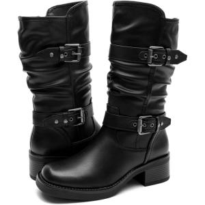 image:imageGLOBALWIN Chunky Mid Calf Fashion Dressy Motocycle Biker Military Style Combat Boots for Women Low Heel24yy01 Black