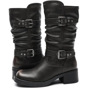 image:imageGLOBALWIN Chunky Mid Calf Fashion Dressy Motocycle Biker Military Style Combat Boots for Women Low Heel24yy01 Brown