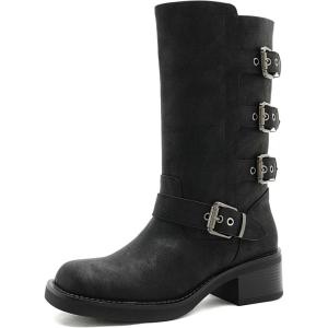 image:imageGLOBALWIN Chunky Mid Calf Fashion Dressy Motocycle Biker Military Style Combat Boots for Women Low HeelBlack