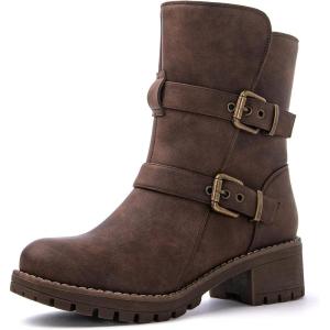 image:imageGLOBALWIN Womens Ankle Boots For Women Faux Fur Lined Winter Moto Boots Ankle Booties With Adjustable Double Buckles21yy07brown
