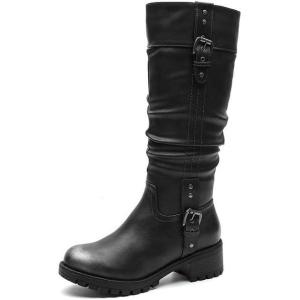 image:imageGLOBALWIN Womens Black KneeHigh Boots Fashion Dressy Riding Boots  Chunky Low Heel Slouchy Design Buckle Detail AllSeason Comfortable 2Inch Heels24yy03 Distressed Silver