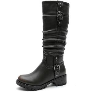 image:imageGLOBALWIN Womens Black KneeHigh Boots Fashion Dressy Riding Boots  Chunky Low Heel Slouchy Design Buckle Detail AllSeason Comfortable 2Inch Heels24yy03 Distressed Brown