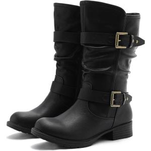 image:imageGLOBALWIN Womens Mid Calf Boots Fashion Moto Boots For Women With Buckle Straps Side Zipper And Low Block Heel  Biker Boots For Fall Spring WinterBlack