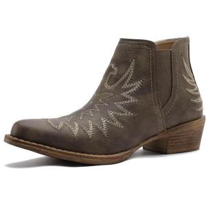 image:imageGLOBALWIN Womens Western Ankle Booties Snipped Square Toe Embroidered Cowboy Chelsea Boots Low Stacked Block Heel Comfortable PullOn Short Cowgirl Boots25yy05 Brown