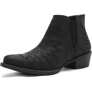 image:imageGLOBALWIN Womens Western Ankle Booties Snipped Square Toe Embroidered Cowboy Chelsea Boots Low Stacked Block Heel Comfortable PullOn Short Cowgirl Boots25yy05 Black