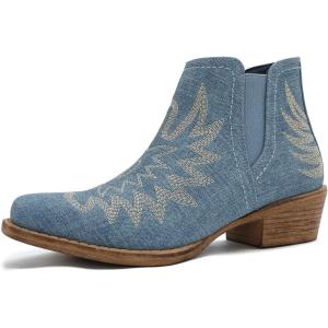 image:imageGLOBALWIN Womens Western Ankle Booties Snipped Square Toe Embroidered Cowboy Chelsea Boots Low Stacked Block Heel Comfortable PullOn Short Cowgirl Boots25yy05 Denim Blue