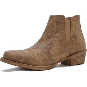 image:imageGLOBALWIN Womens Western Ankle Booties Snipped Square Toe Embroidered Cowboy Chelsea Boots Low Stacked Block Heel Comfortable PullOn Short Cowgirl Boots25yy05 Camel