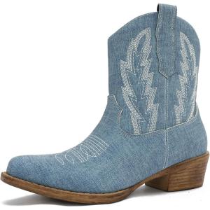 image:imageGLOBALWIN Womens Western Ankle Boots Snip Toe Cowboy Boots For Women Embroidered Retro Chunky Block Heel Comfortable Fashion Short Boots For Nashville Outfits Cowgirl Outfits And Country Concert25yy06 Denim Blue