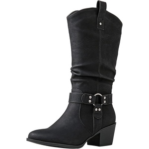 image:imageGLOBALWIN Womens Knee High Cowboy Boots  Minimalist Western Round Toe Cowgirl Boots with Comfortable Block Heel Plain Sleek Design Tall Dress Boots for Women19yy21 Black