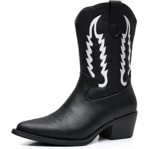 image:imageGLOBALWIN Womens Square Toe Cowgirl Boots Classic MidCalf Cowboy Boots With Embroidered Stitching Low Heel Comfortable Western Boots For Country Outfits23yy09 Black1