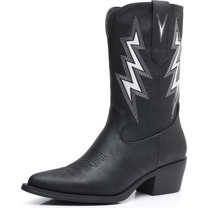 image:imageGLOBALWIN Womens Square Toe Cowgirl Boots Classic MidCalf Cowboy Boots With Embroidered Stitching Low Heel Comfortable Western Boots For Country Outfits23yy10 Black