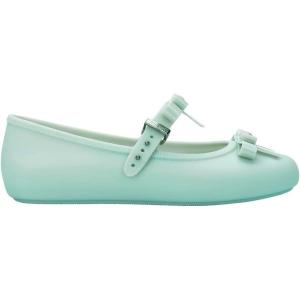 imageMelissa Soft Ballerina Collection  Seasonless Flats for Women  Classic Ballet Style with Adjustable Strap  LightasAir PVC Construction  Soft Foam Insole  Bubblegum ScentBow  GreenBeige