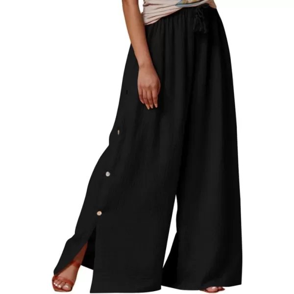 Dokotoo Casual Wide Leg Linen Pants for Women Elastic High Waist Tie Side Split Pants