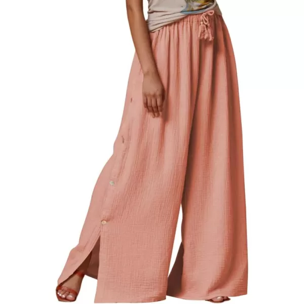 Dokotoo Casual Wide Leg Linen Pants for Women Elastic High Waist Tie Side Split Pants